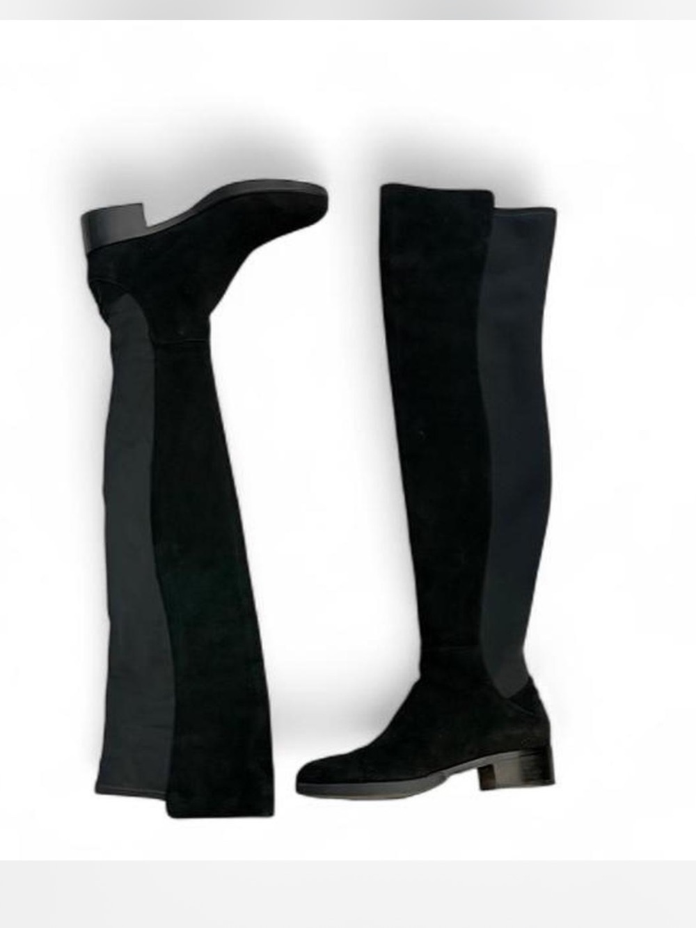 Tory  Burch Black Suede Knee-High Block Heel Boots with heel logo detail